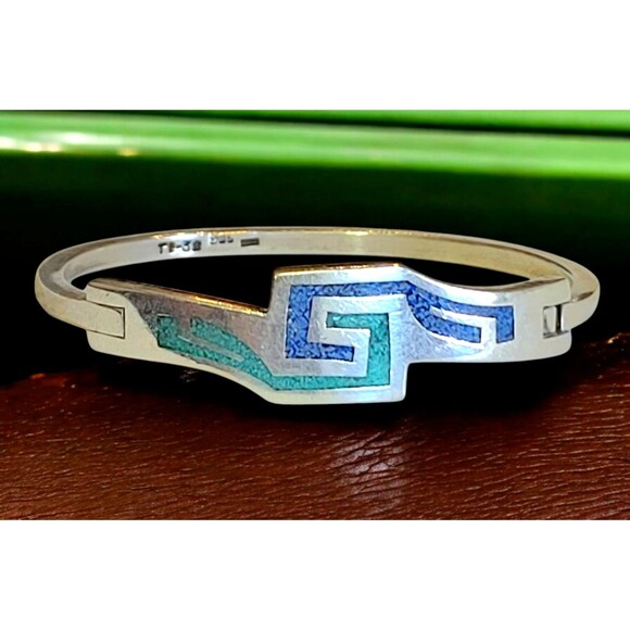 Vintage Taxco Mexico TE-32 Turquoise Inlay 925 Sterling Silver  Cuff Bracelet - Picture 1 of 10